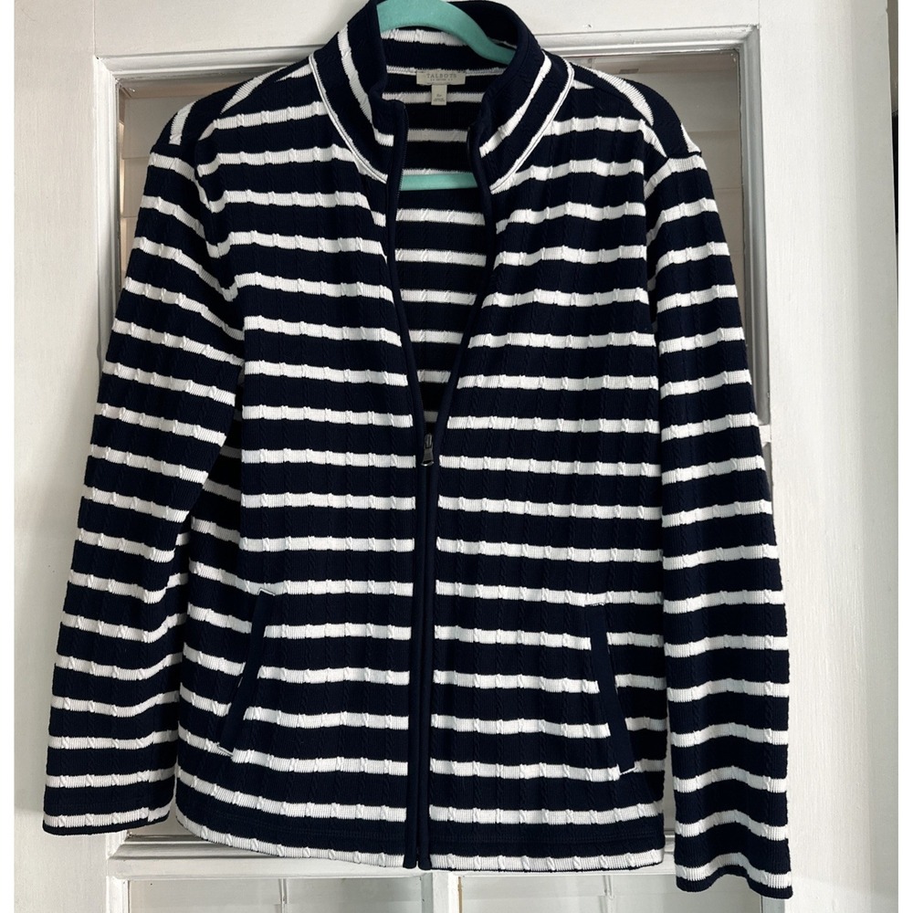 Talbots Cardigan Mock Neck Sweater Cable Knit Full Zip Academic Striped Petite S